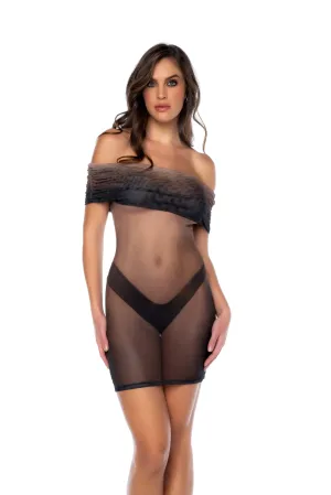 Black Sheer Mesh & Nude Ombre Print Off-The-Shoulder Mini Party Club Dress