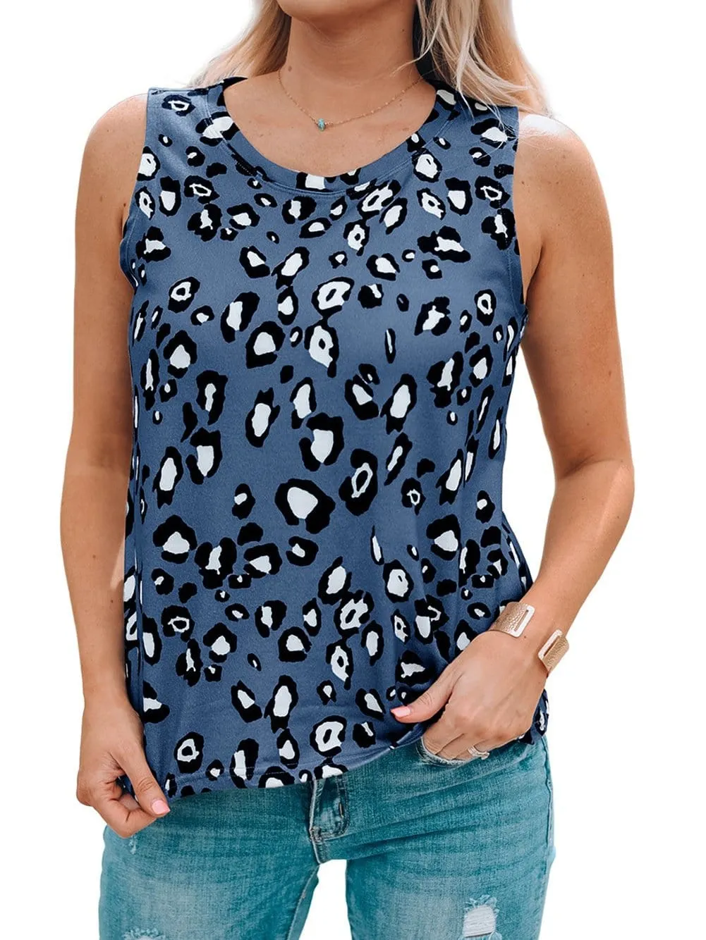 Blue Leopard Print Sleeveless Crew Neck Top