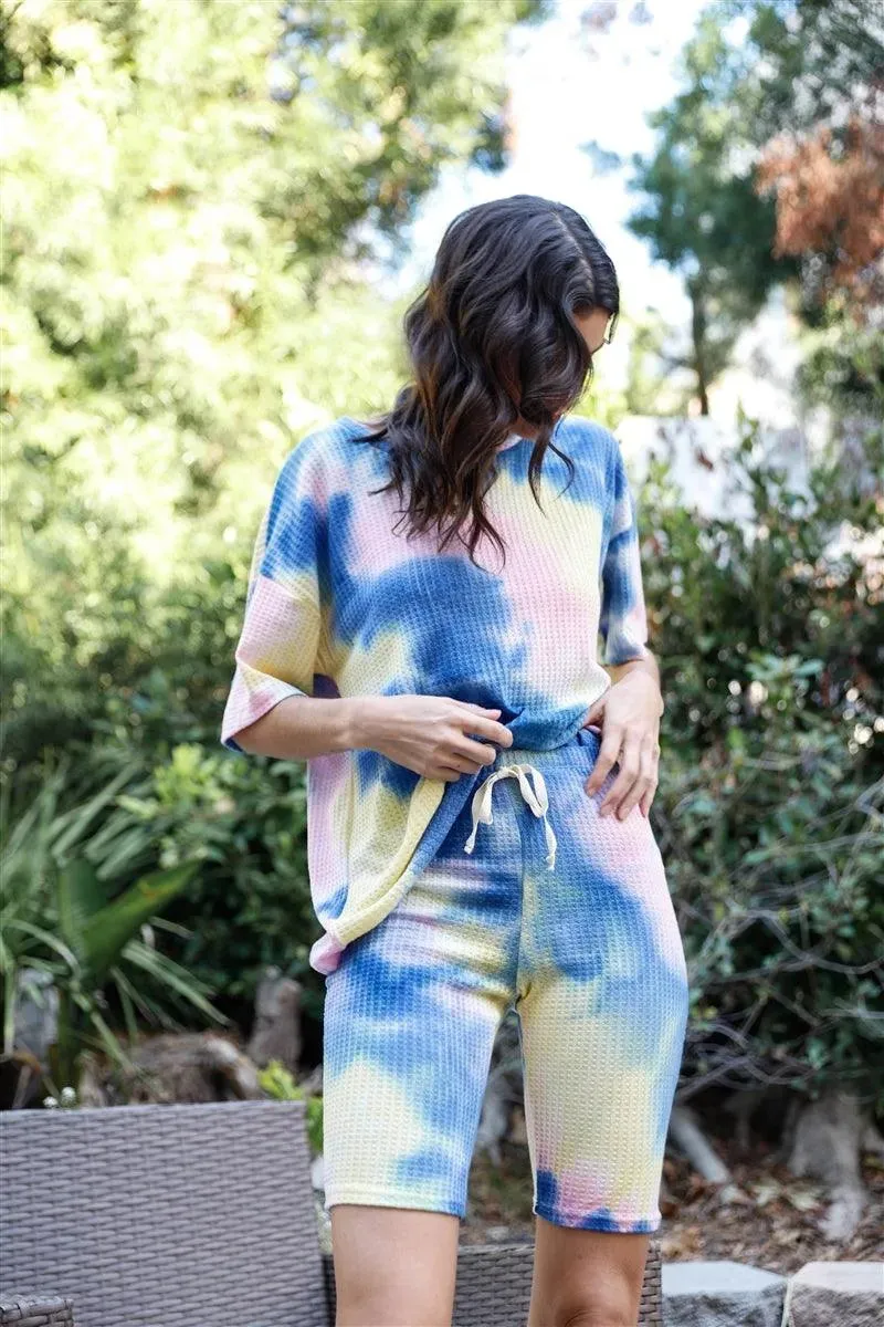 Blue Yellow Tie-Dye Waffle-Knit T-Shirt & Biker Shorts Set