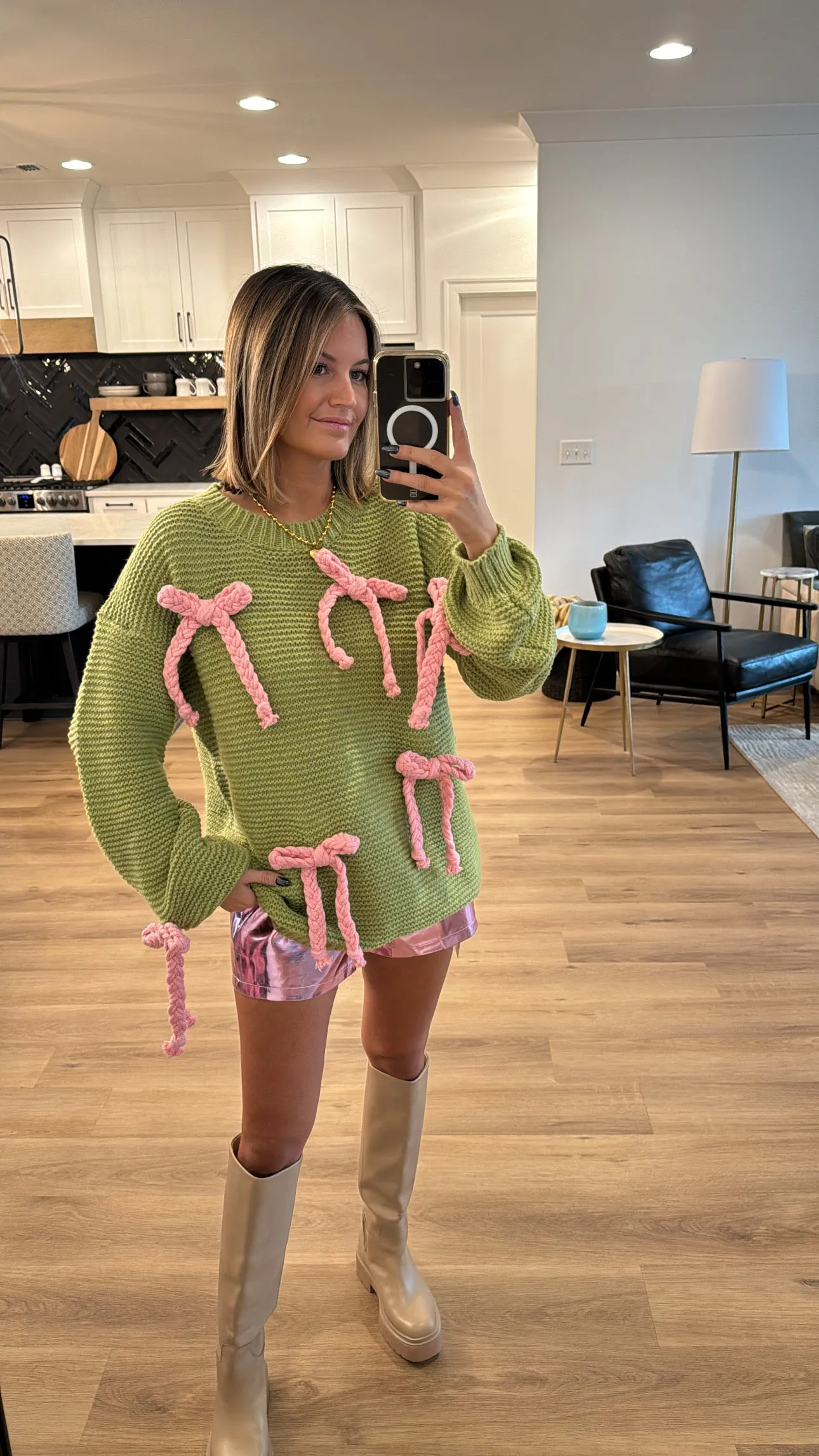 Chunky Bow Knit Sweater, Lemon Grass & Pink