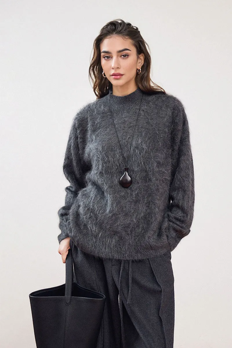 Chunky Brushed Cashmere Mock Neck Pullover Sweater
