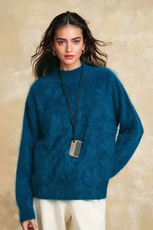 Chunky Brushed Cashmere Mock Neck Pullover Sweater