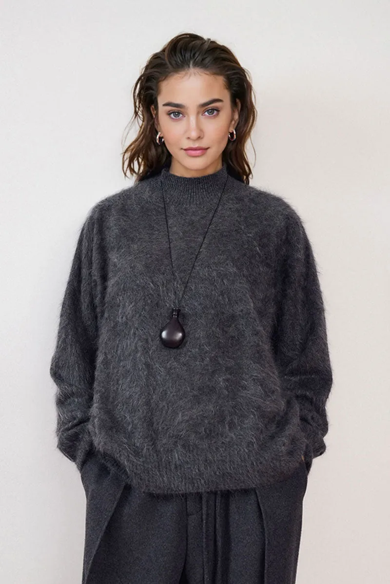 Chunky Brushed Cashmere Mock Neck Pullover Sweater