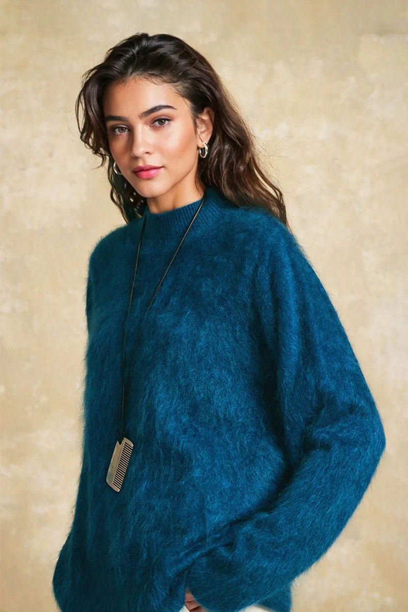 Chunky Brushed Cashmere Mock Neck Pullover Sweater