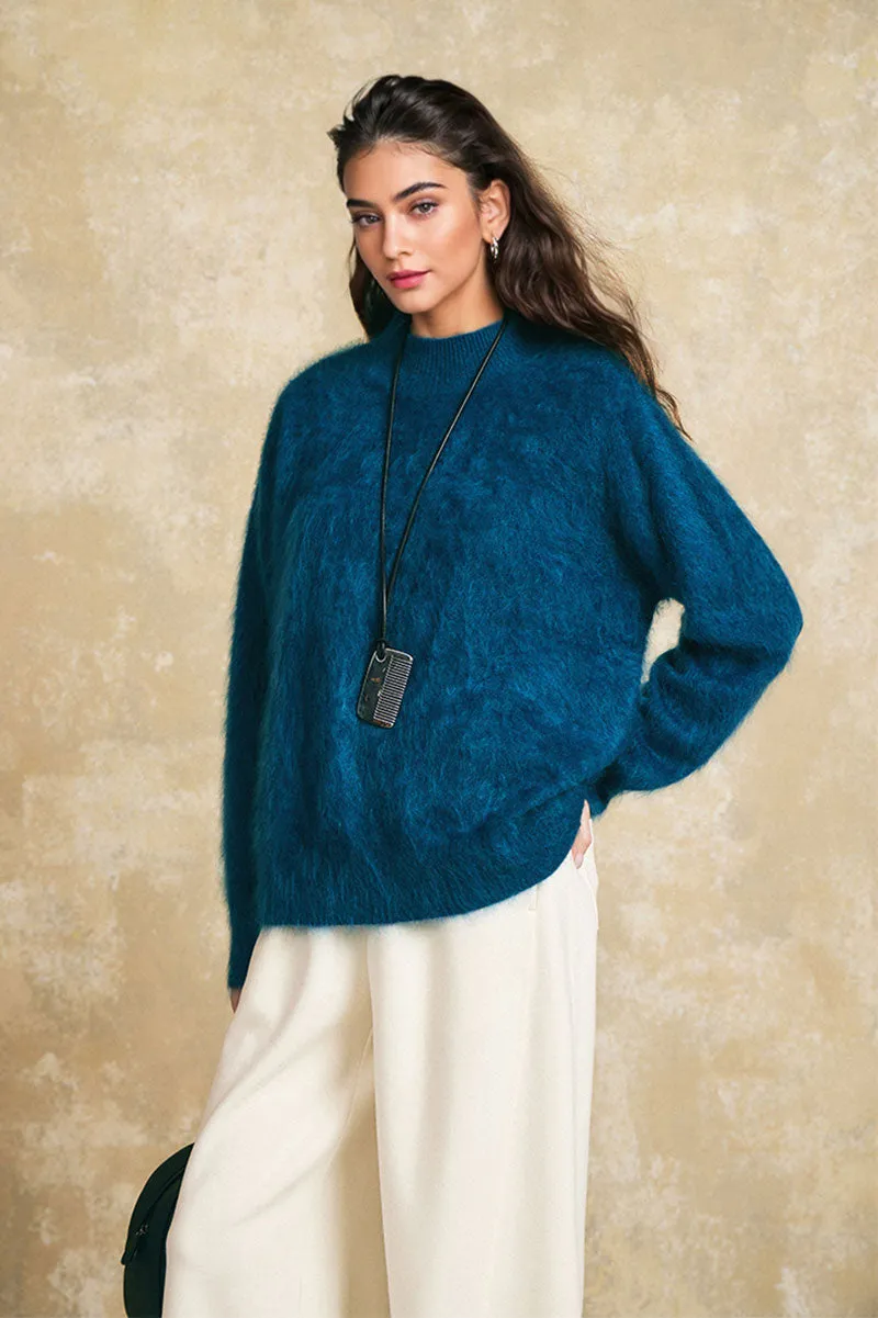 Chunky Brushed Cashmere Mock Neck Pullover Sweater