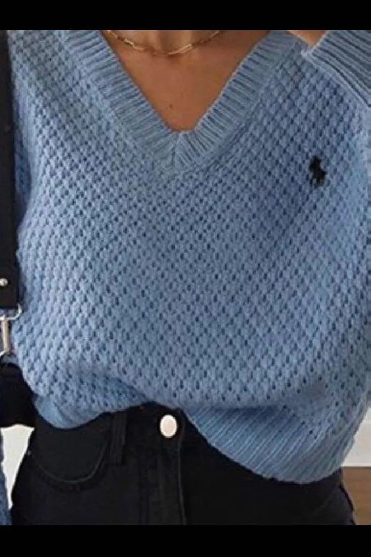 Chunky V Neck Waffle Knit Jumper Sweater For Ladies
