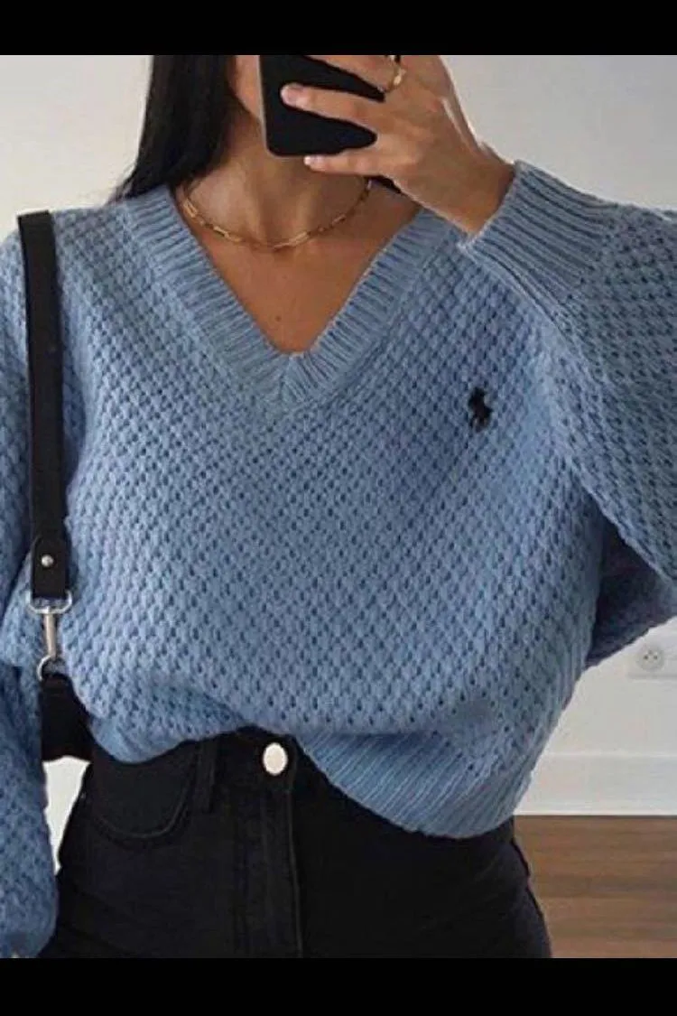 Chunky V Neck Waffle Knit Jumper Sweater For Ladies