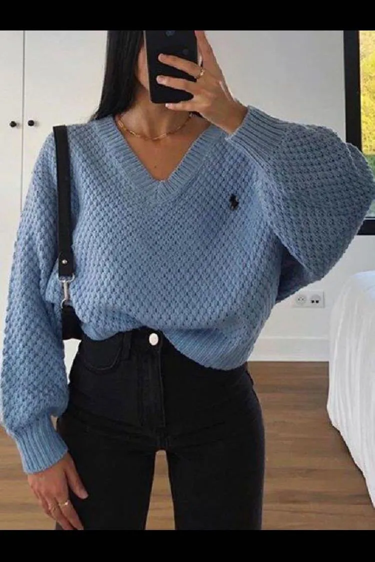 Chunky V Neck Waffle Knit Jumper Sweater For Ladies