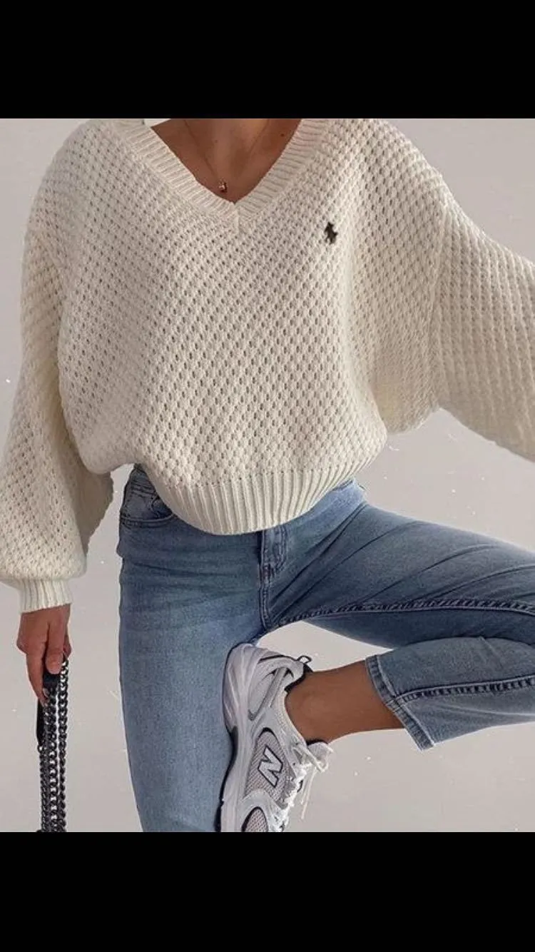 Chunky V Neck Waffle Knit Jumper Sweater For Ladies