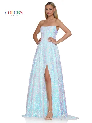 Colors Dress 3229 Size 0, 8 White AB Long Sequin Maxi Slit A Line Formal Prom Dress Pageant Corset Strapless