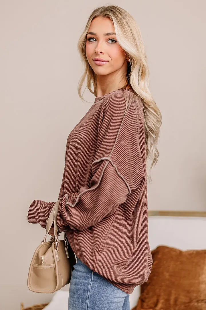 Crystal Clear Oversized Ribbed Top | Brown