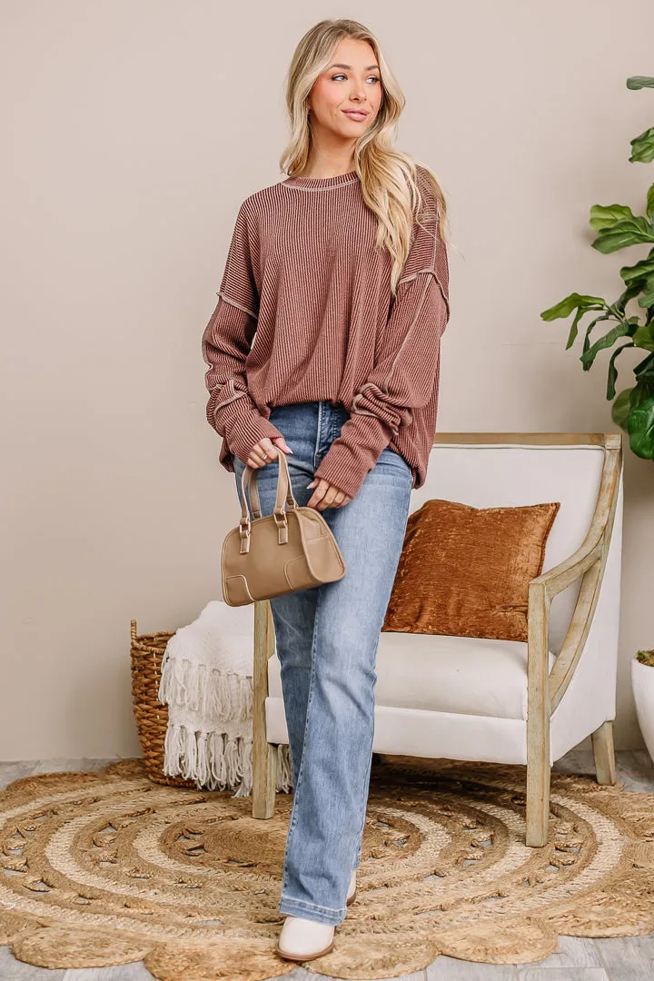 Crystal Clear Oversized Ribbed Top | Brown