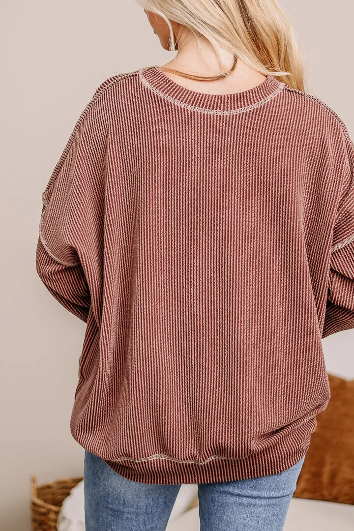Crystal Clear Oversized Ribbed Top | Brown