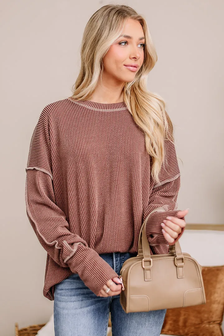 Crystal Clear Oversized Ribbed Top | Brown