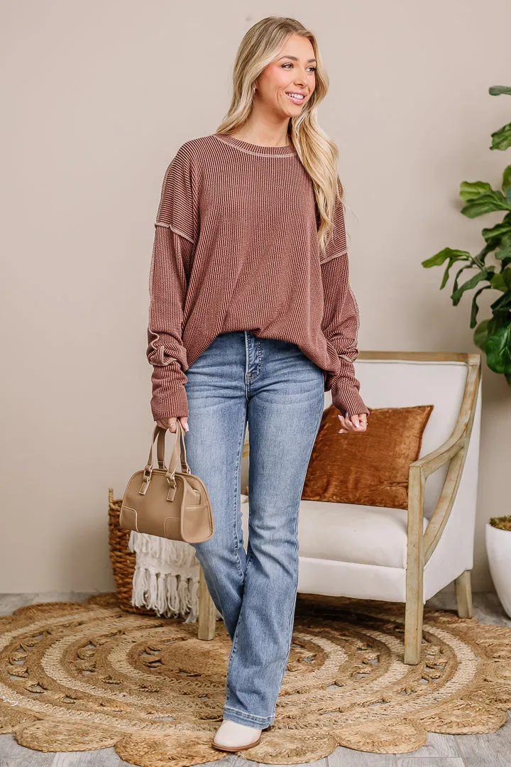 Crystal Clear Oversized Ribbed Top | Brown