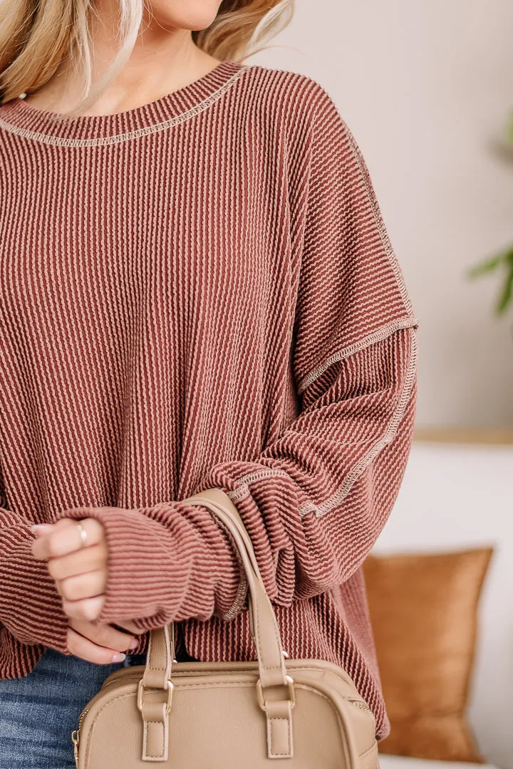 Crystal Clear Oversized Ribbed Top | Brown