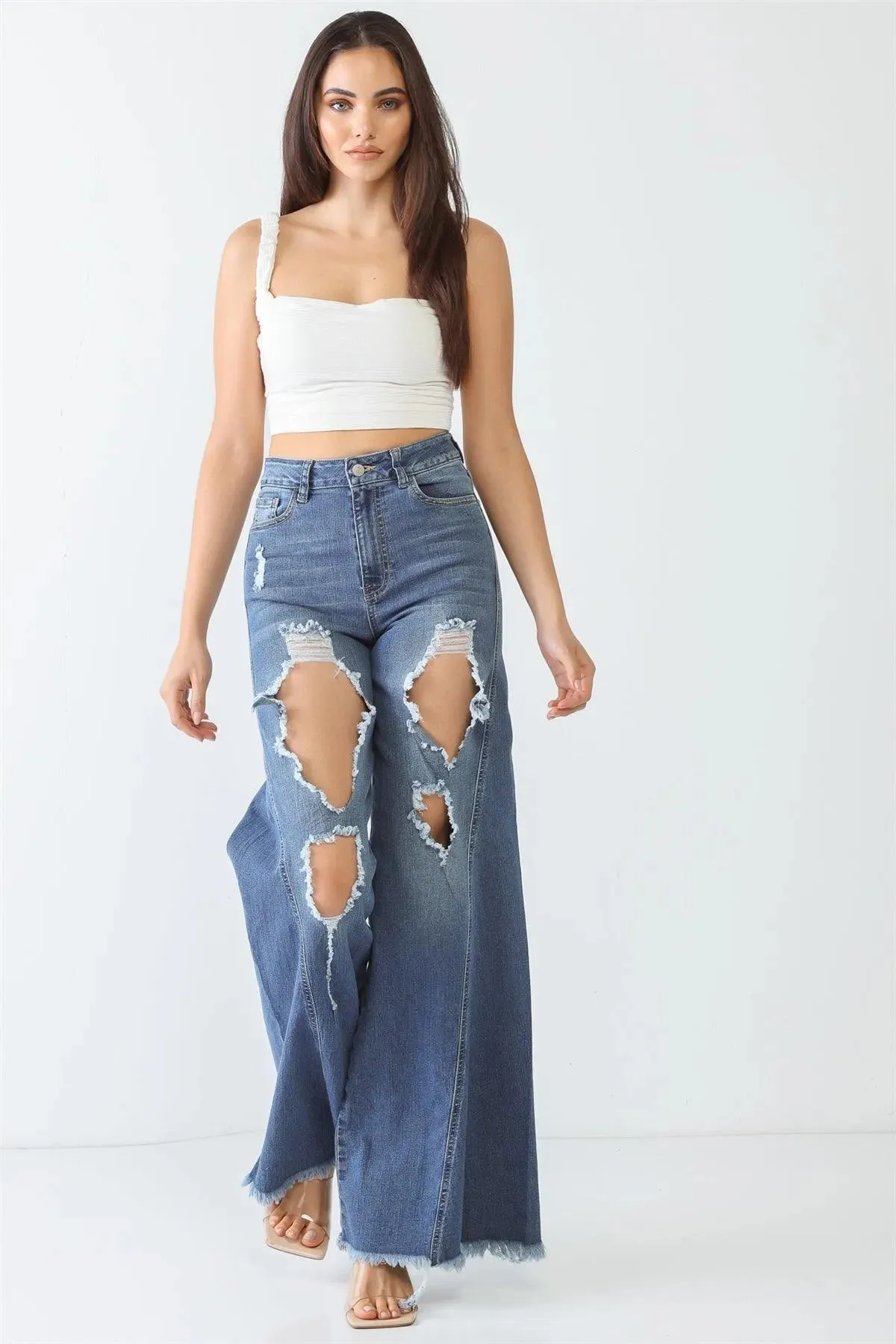 Denim Cotton Cut-Out Five Pocket High Waist Flare Jeans