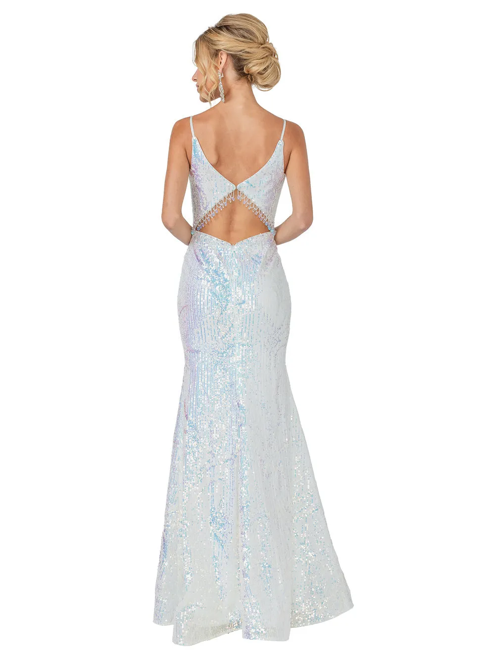DQ 4158 Size 6 Off White/Multi Long Fitted Sequin Prom Dress Pageant Fringe Back Formal Gown