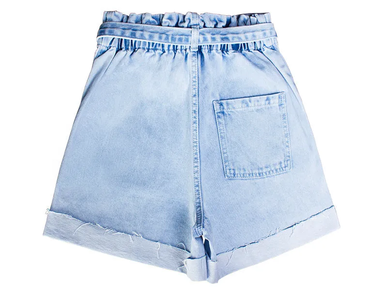 Elastic Waist Hem Wide Leg Denim Shorts