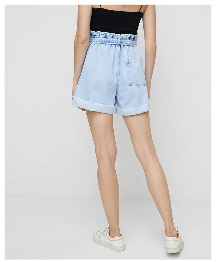 Elastic Waist Hem Wide Leg Denim Shorts