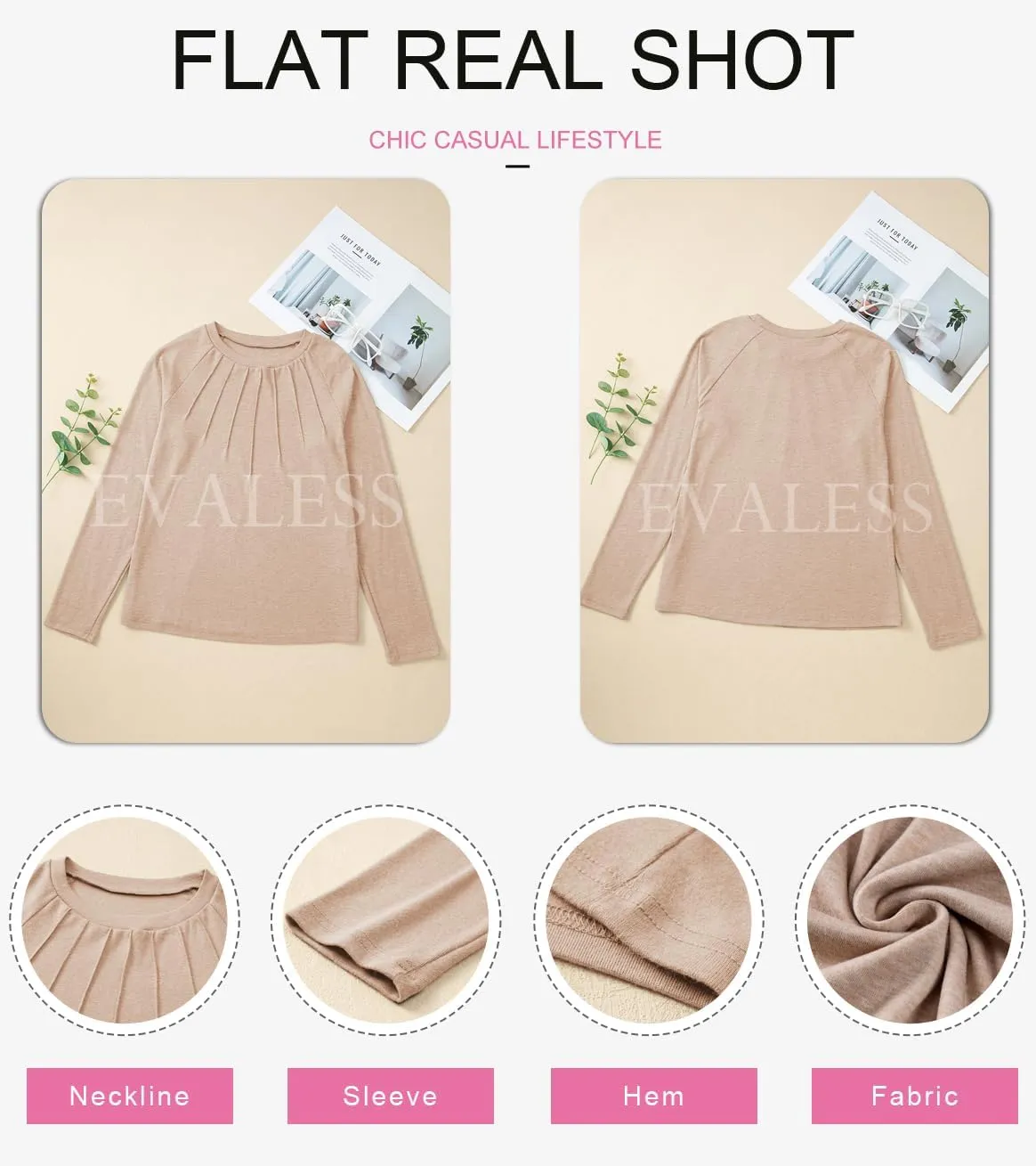 EVALESS Womens Casual Spring Summer Tops 2025 Trendy Crewneck Long Sleeve Shirts Basic T Shirts Loose Fit Pleated Tee Blouses