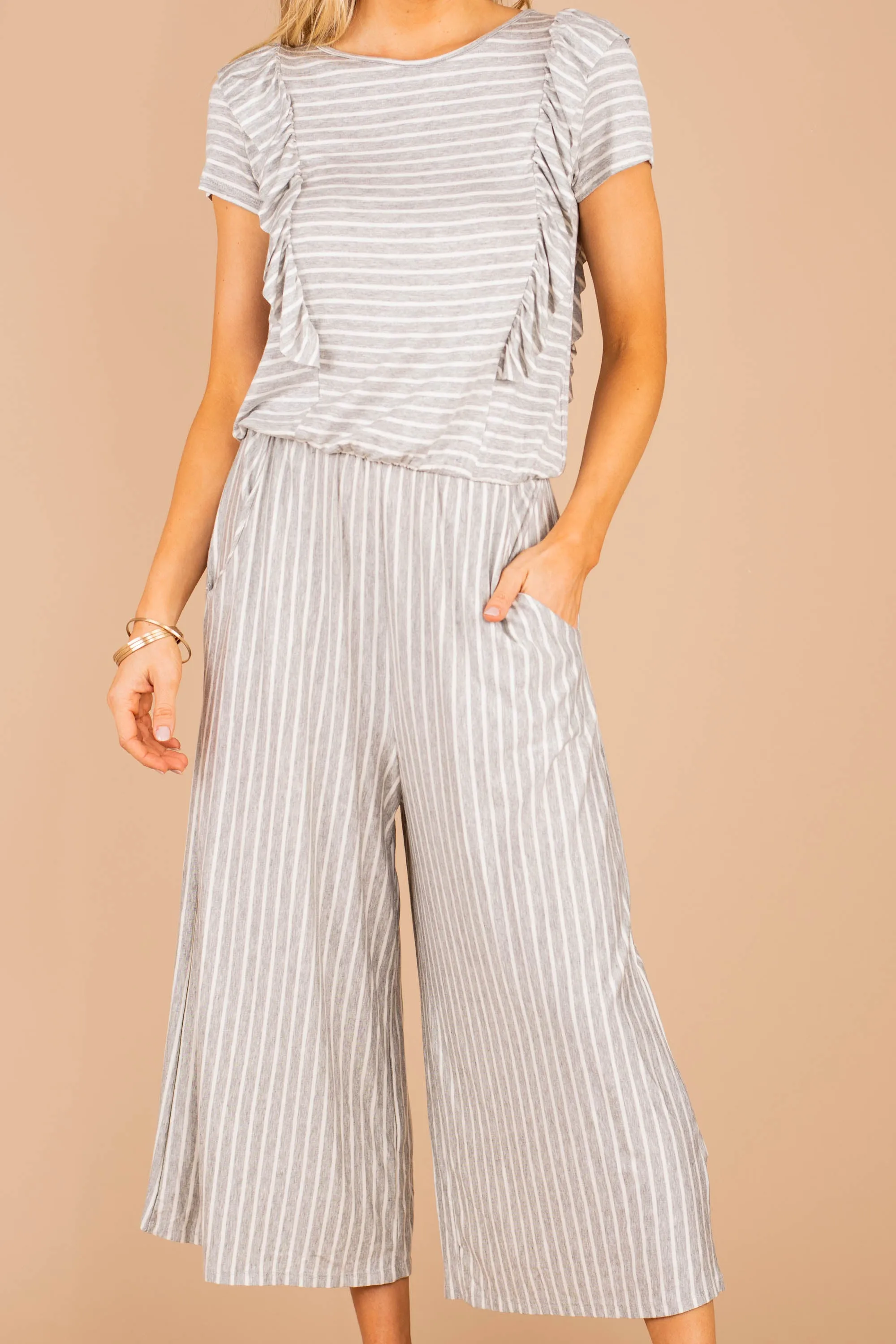 Feel The Love Gray Striped Jumpsuit