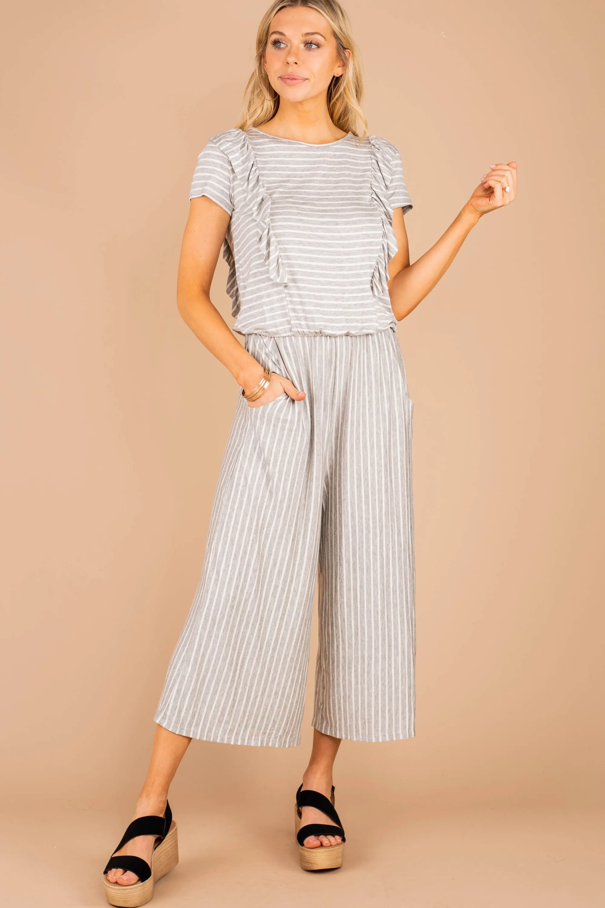 Feel The Love Gray Striped Jumpsuit
