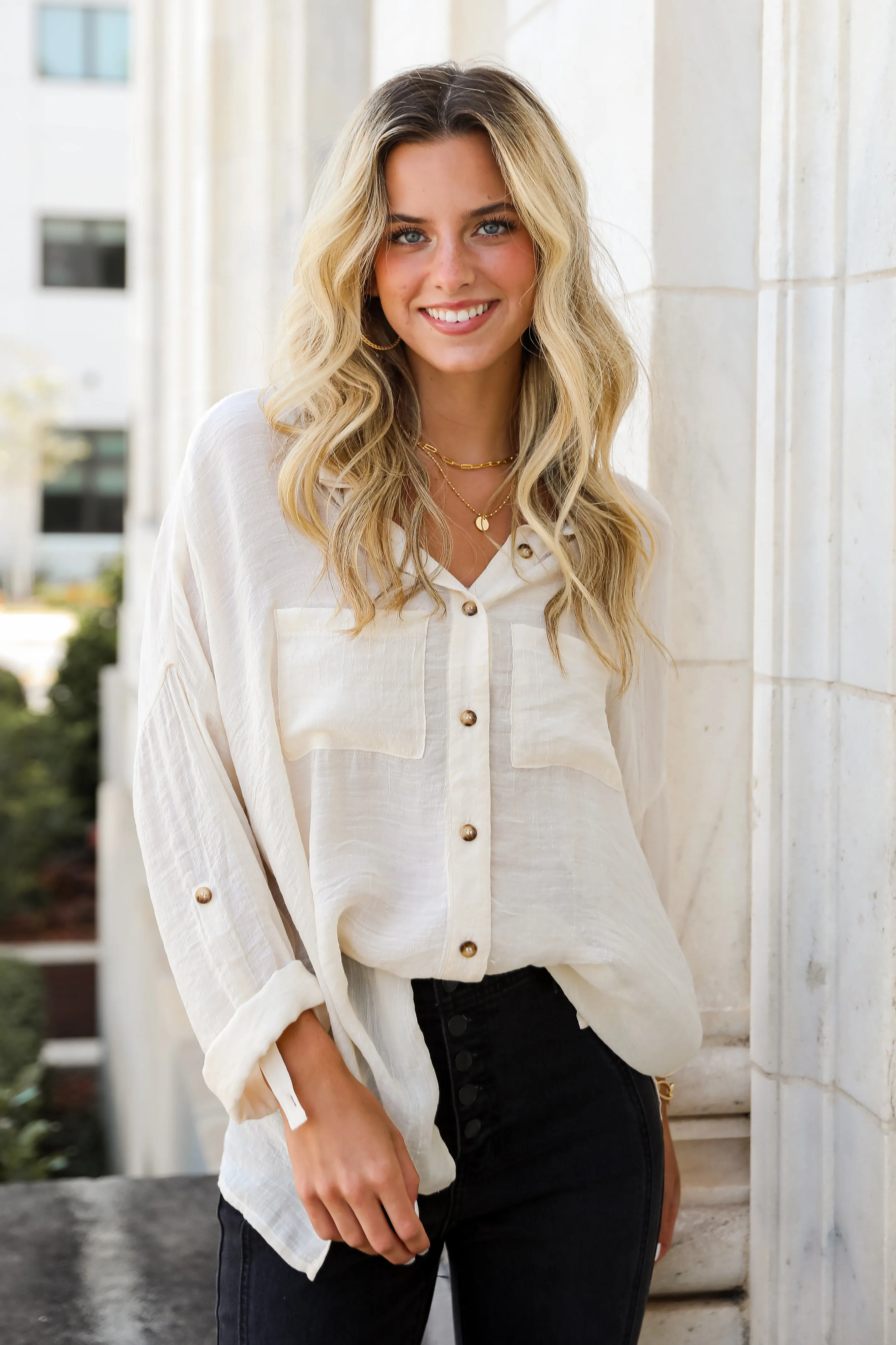 FINAL SALE - Compelling Composure Oversized Button-Up Blouse