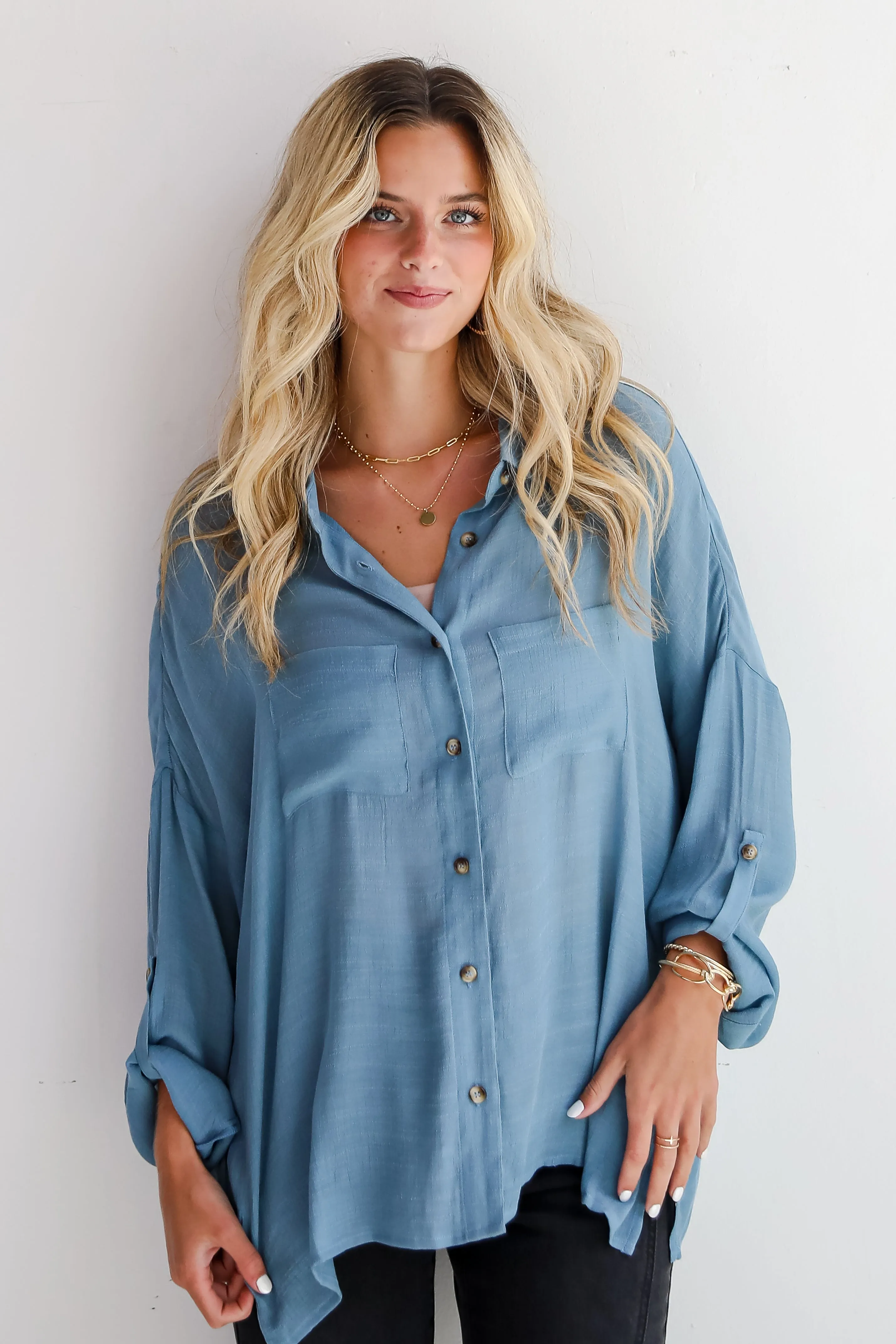 FINAL SALE - Compelling Composure Oversized Button-Up Blouse
