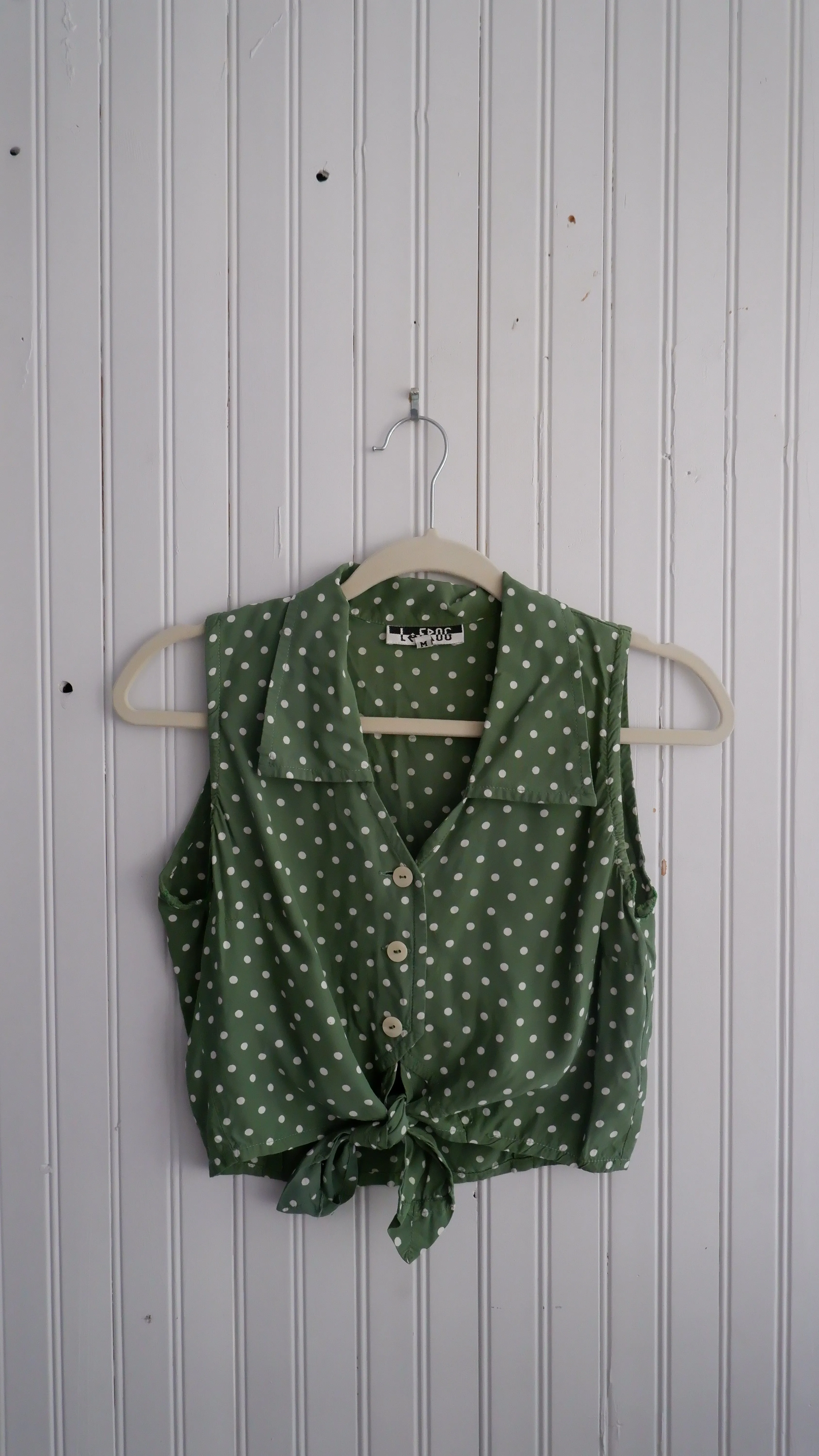 Green & White Cropped Tie-Front Blouse - S/M