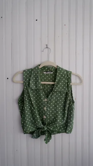 Green & White Cropped Tie-Front Blouse - S/M