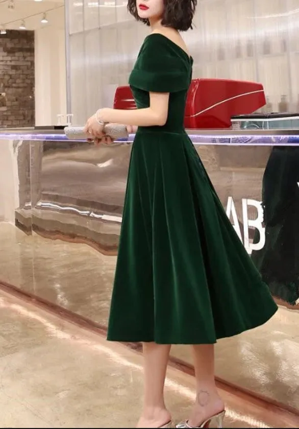 Green Velvet Off Shoulder Vintage Style Bridesmaid Dress Tea Length Party Dress Homecoming Dress