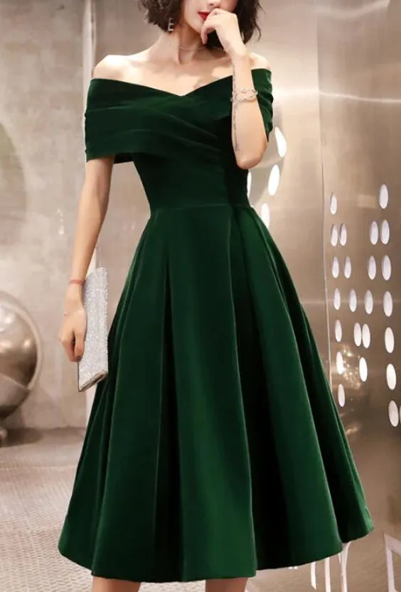 Green Velvet Off Shoulder Vintage Style Bridesmaid Dress Tea Length Party Dress Homecoming Dress