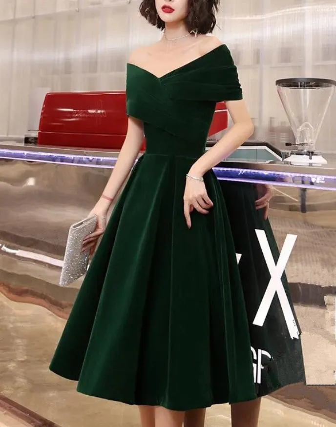 Green Velvet Off Shoulder Vintage Style Bridesmaid Dress Tea Length Party Dress Homecoming Dress