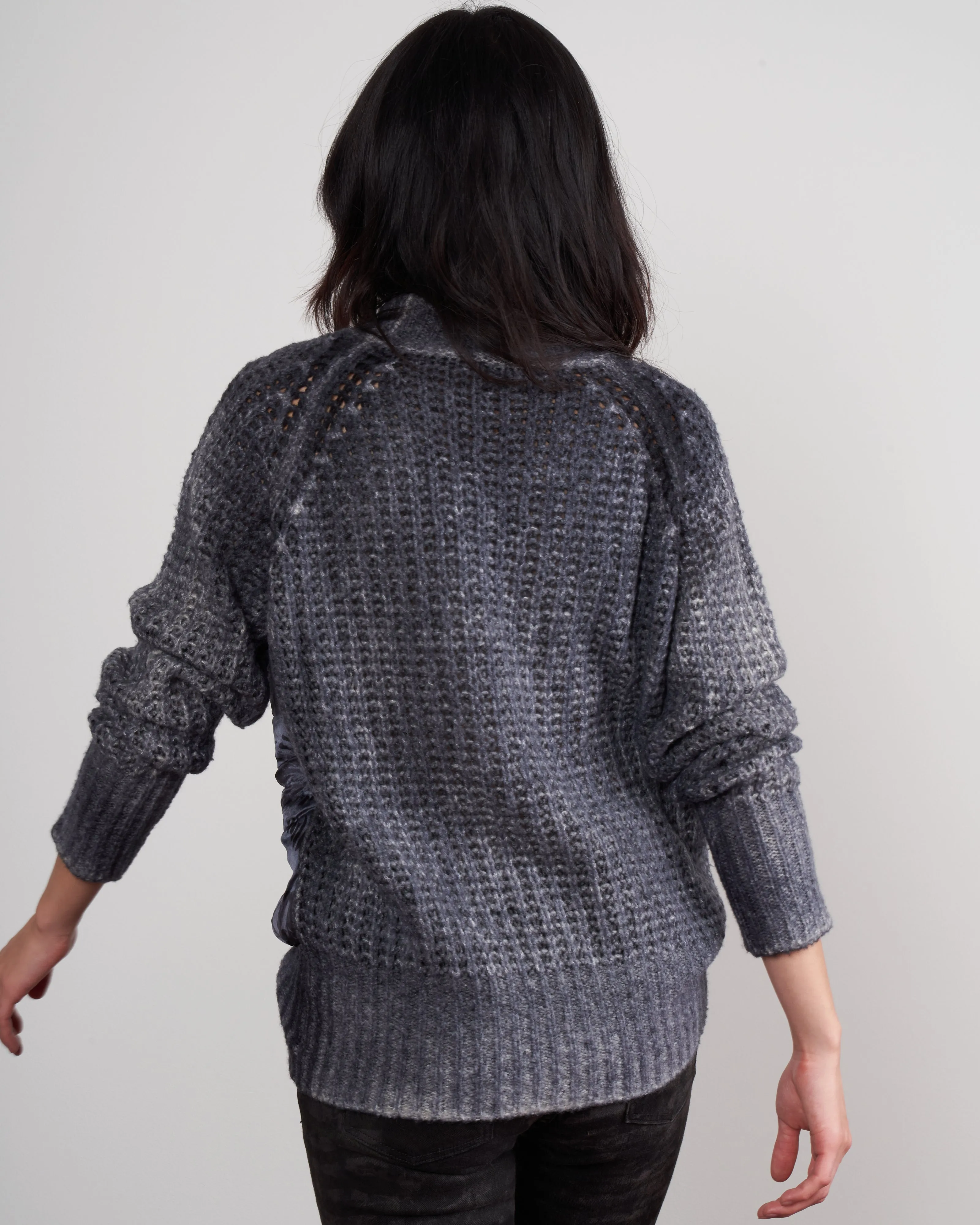 high neck pullover with front sunflowers silk - navy