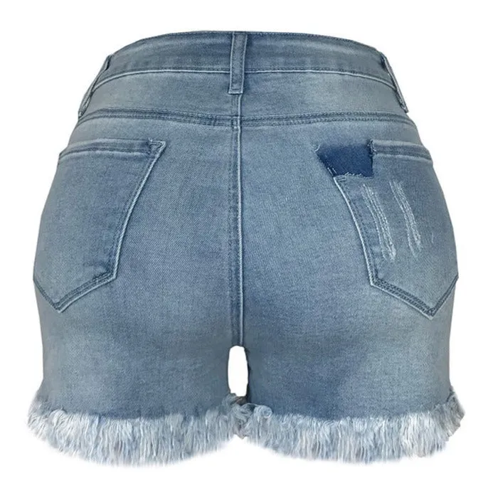 High Waisted Stretchy Fringed Women's Ripped Denim Shorts