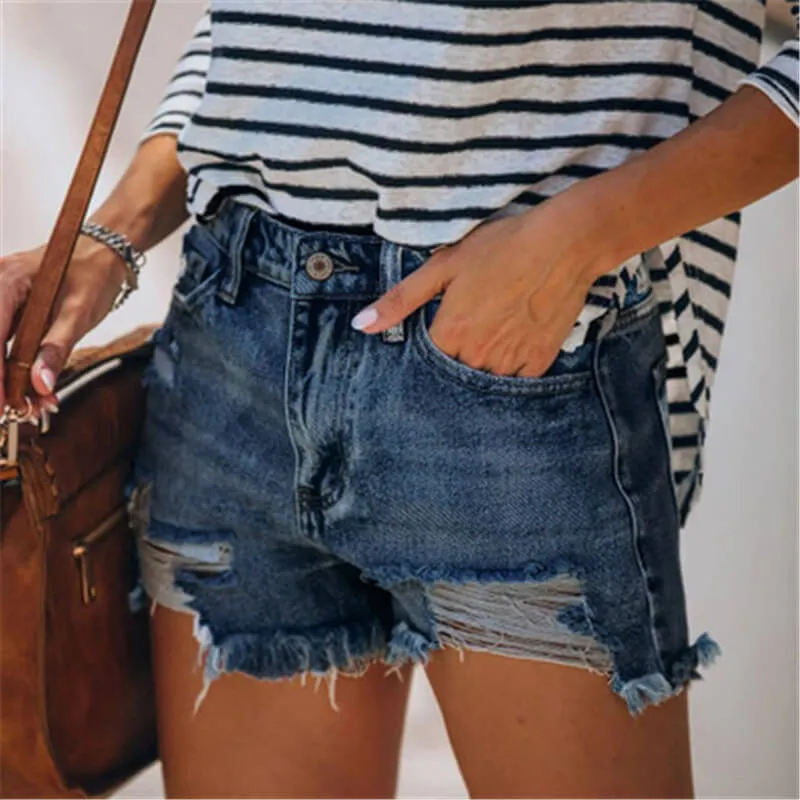 High Waisted Stretchy Fringed Women's Ripped Denim Shorts