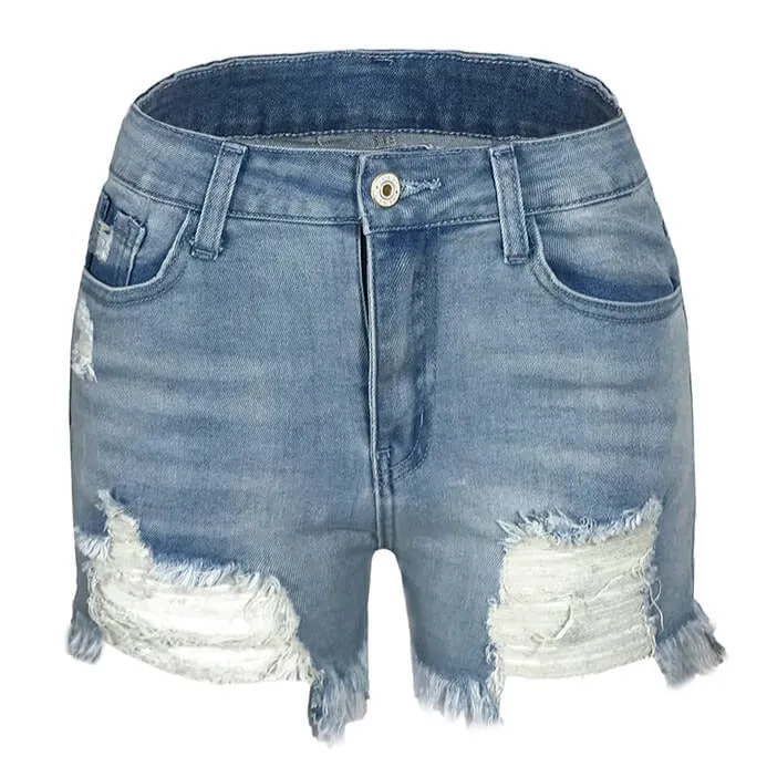 High Waisted Stretchy Fringed Women's Ripped Denim Shorts