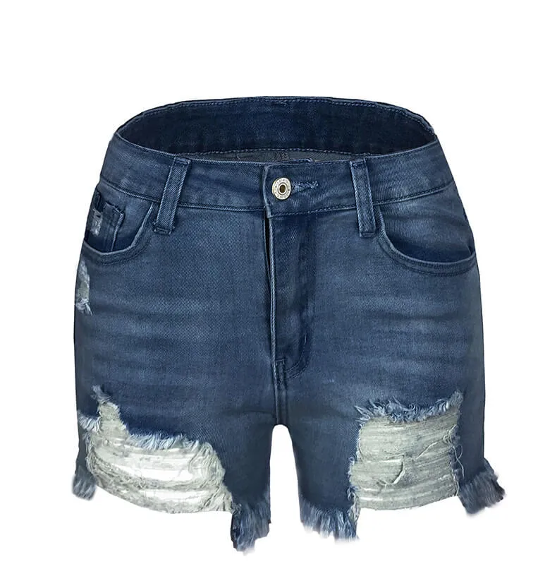 High Waisted Stretchy Fringed Women's Ripped Denim Shorts