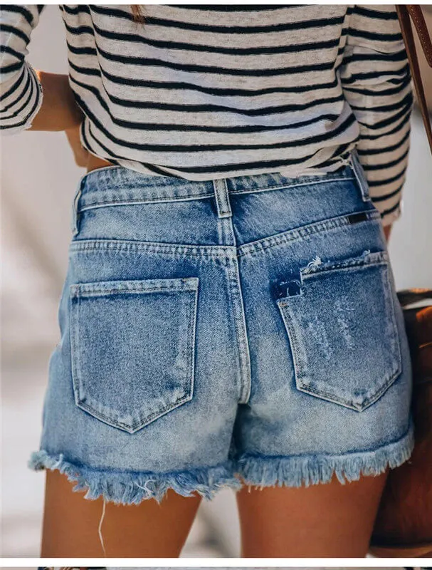 High Waisted Stretchy Fringed Women's Ripped Denim Shorts