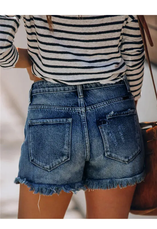High Waisted Stretchy Fringed Women's Ripped Denim Shorts