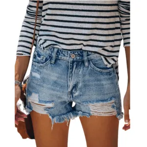 High Waisted Stretchy Fringed Women's Ripped Denim Shorts