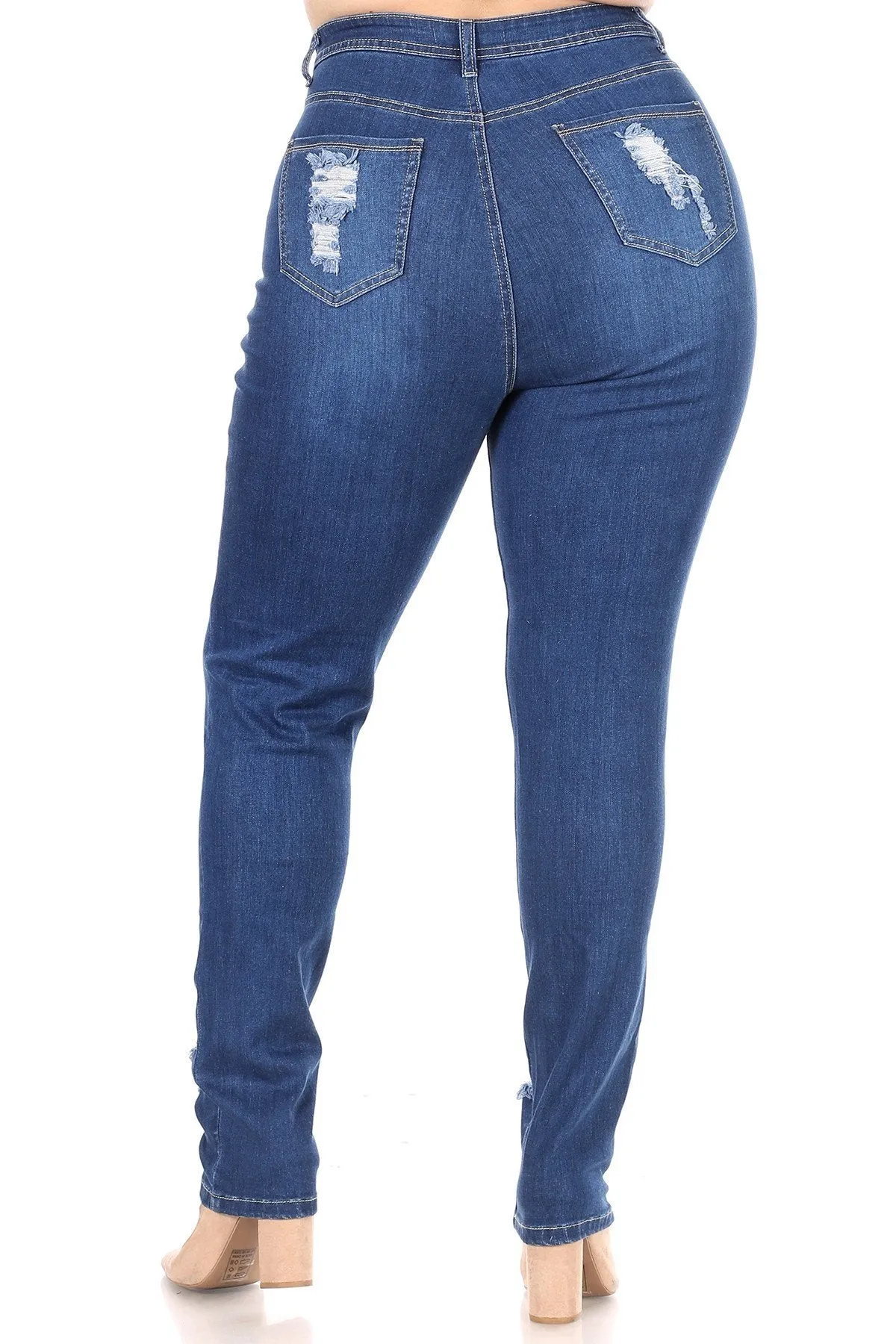 High Waisted Super Distressed Plus Size Skinny Jeans - Medium Denim