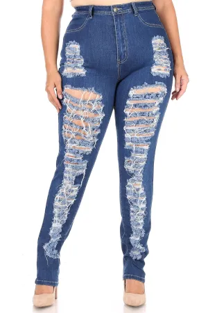 High Waisted Super Distressed Plus Size Skinny Jeans - Medium Denim