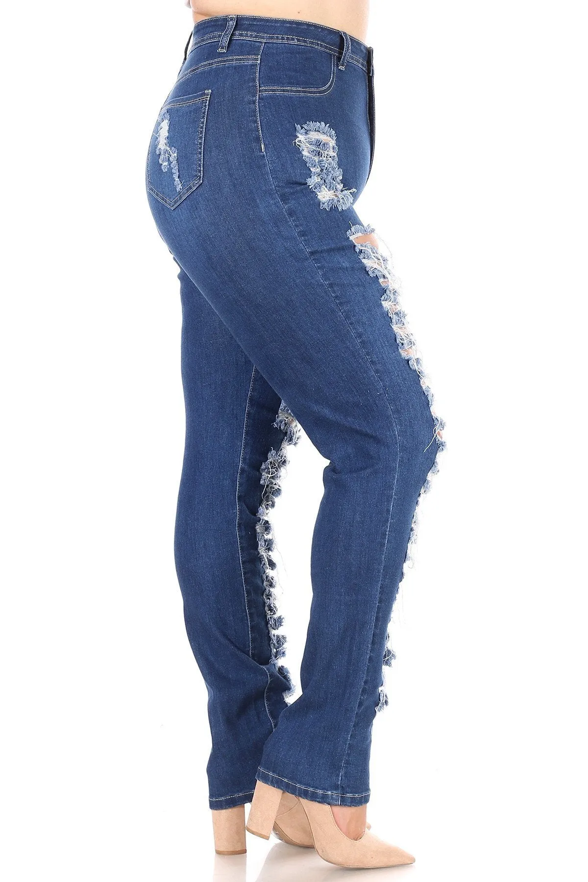 High Waisted Super Distressed Plus Size Skinny Jeans - Medium Denim