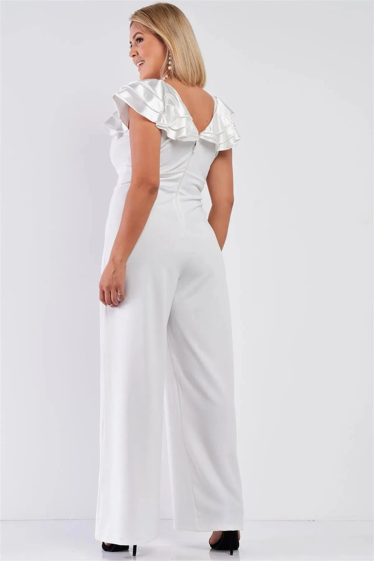 Junior Plus Ivory Sleeveless Satin Ruffle Shoulder Detail V-Neck Wide Leg Jumpsuit /1-1-1