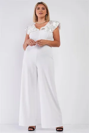 Junior Plus Ivory Sleeveless Satin Ruffle Shoulder Detail V-Neck Wide Leg Jumpsuit /1-1-1