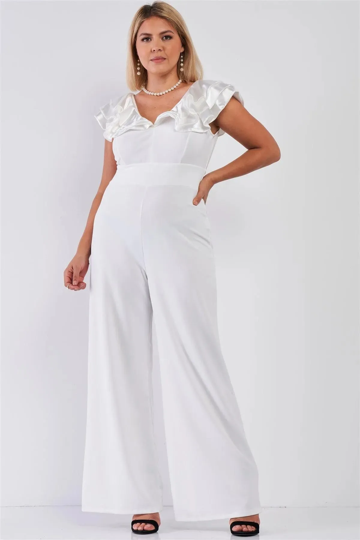 Junior Plus Ivory Sleeveless Satin Ruffle Shoulder Detail V-Neck Wide Leg Jumpsuit /1-1-1