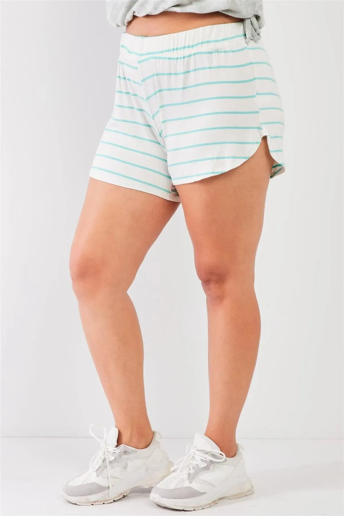 Junior Plus Size Ivory-Mint Striped High Waist Split Sides Relaxed Lounge Mini Shorts
