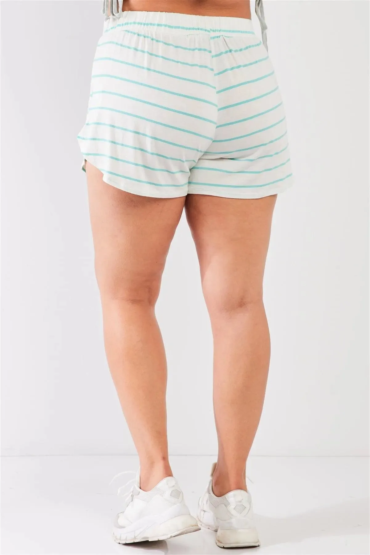 Junior Plus Size Ivory-Mint Striped High Waist Split Sides Relaxed Lounge Mini Shorts